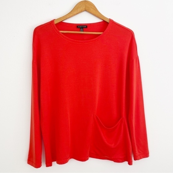 Eileen Fisher Orange Red Terry Pocket Scoop Neck Long Sleeve Stretch Top Size XS - Picture 2 of 14